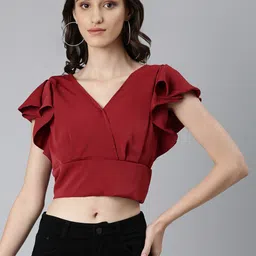 SHOWOFF Flutter Sleeve Crepe Styled Back Crop Top-picture-4