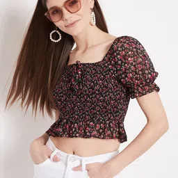 Berrylush Black Floral Smocked Crepe Blouson Crop Top-picture-45