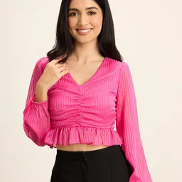 20Dresses Pink Striped Puff Sleeve Smocking Ruched Crop Top-image-50