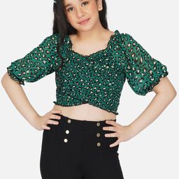 Antheaa Green Floral Print Smocked Chiffon Crop Top-picture-6