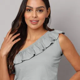BRINNS One Shoulder Ruffled Pure Cotton Crop Top-image-110