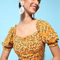 STREET 9 Mustard Yellow & White Floral Print Sweetheart Neck Ruffles Blouson Crop Top-image-93