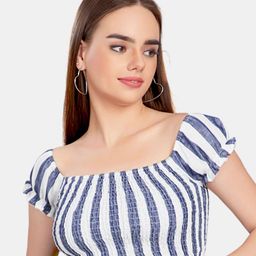 VASTRADO Navy Blue & White Striped Blouson Cotton Crop Top-picture-11