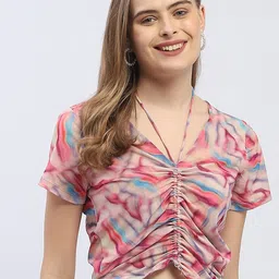 Madame Abstract Printed V-Neck Ruched Crop Top-picture-0