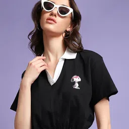 Bewakoof Black Shirt Collar Pure Cotton Blouson Crop Top-picture-8