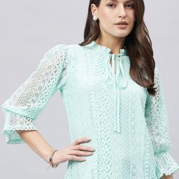 Style Quotient Tie-Up Neck Bell Sleeve Cotton Lace Top-56