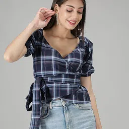 smisingbee Checked Cotton Wrap Top-picture-52