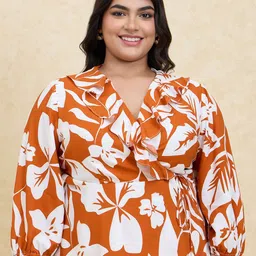 20Dresses Rust Floral Print Cotton V-Neck Puff Sleeve Wrap Plus Size Top-9