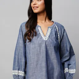Chemistry V-Neck Puff Sleeves Embroidered Cotton Regular Top-25