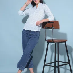 Crimsoune Club Geometric Printed Mandarin Collar Cotton Shirt Style Top-image-77