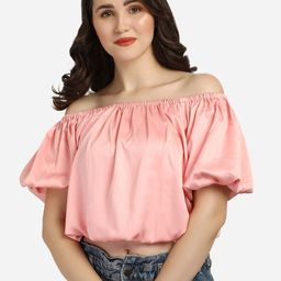 Smarty Pants Pink Off-Shoulder Satin Blouson Crop Top-picture-11