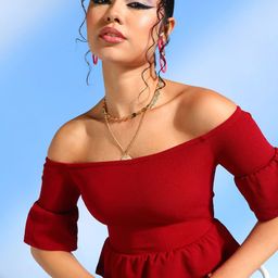 Veni Vidi Vici Maroon Off Shoulder Flared Sleeves Bardot Crop Top-picture-48