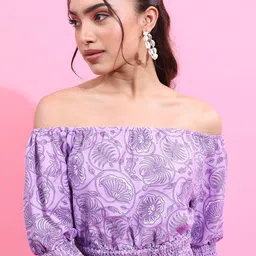 Vishudh Lavender Ethnic Printed Off-Shoulder Smocked Bardot Crop Top-image-28