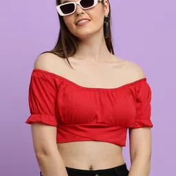 BAESD Off-Shoulder Puff Sleeve Crepe Bardot Crop Top-image-74