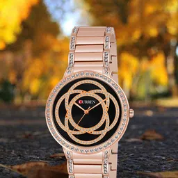 Curren Women Brass Embellished Dial Reset Time Analogue Watch CR-3480-Rose-Black-image-70