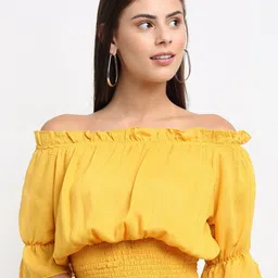 emeros Women Yellow Off-Shoulder Smocking-Detail Crepe Bardot Top-image-91