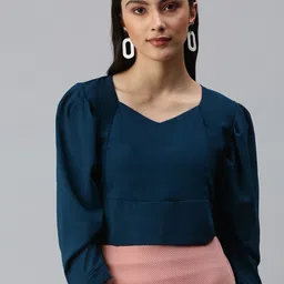 SHOWOFF Teal Sweetheart Neck Crepe Crop Top-image-93