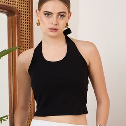 Berrylush Black Halter Neck Fitted Crop Top-image-34