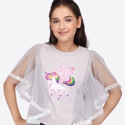 CUTECUMBER Girls Print Flutter Sleeve Net Top-image-8