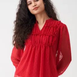 AASK Self Design Puff Sleeves Pleated A-Line Top-image-17