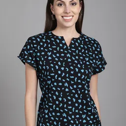 Dressitude Abstract Printed Mandarin Collar Cap Sleeves Top-picture-1