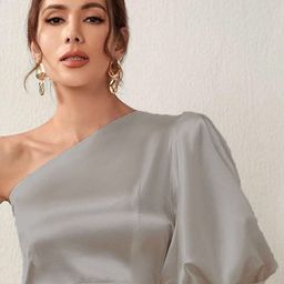 Kotty Grey One Shoulder Puff Sleeve Satin Crop Top-image-15