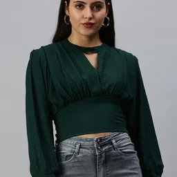 SHOWOFF Green Keyhole Neck Georgette Empire Crop Top-image-26