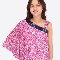 CUTECUMBER Girls Pink Floral Print One Shoulder Georgette Top-image-77