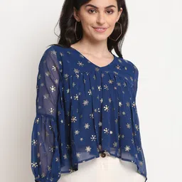 La Zoire Navy Blue Floral Print Georgette High-Low Crop Top-image-19