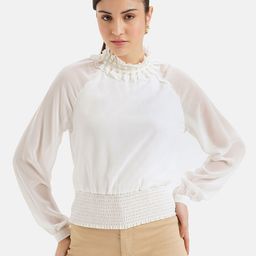 Kazo High Neck Embellished Smocked Georgette Top-image-6