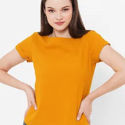 MISH Mustard Yellow Boat Neck Georgette Top-picture-28