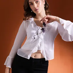 Globus Tie-Up Neck Bell Sleeve Ruffles Georgette Top-image-53