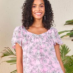 SASSAFRAS Pink Floral Printed Flutter Sleeve Georgette Top-image-20