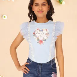 CUTECUMBER Floral Print Georgette Round Neck Flutter Sleeve  Casual Top-picture-11
