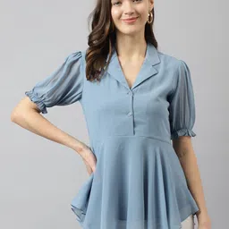 TOOCHKI Puff Sleeve Lapel Collar Georgette High Low Top-image-78