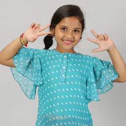 KiddoPanti Floral Print Band Collar Flared Sleeve Top-image-13