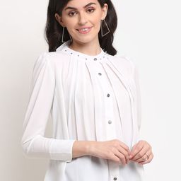 La Zoire White Mandarin Collar Georgette Top-image-29