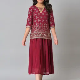 AURELIA Girls Maroon & Gold-Toned Printed Top with Skirt-image-57