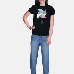 Gini and Jony Girls Black & Blue Round Neck Printed Top-image-8