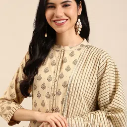 SHOWOFF Women Beige Ethnic Motifs Printed Kurta with Trousers & With Dupatta-picture-11