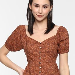 Porsorte Rust Brown Print Sweetheart Neck Pure Cotton Peplum Top-image-33