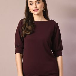 DressBerry Coffee Brown Boat Neck Cuffed Sleeves Regular Top-picture-42
