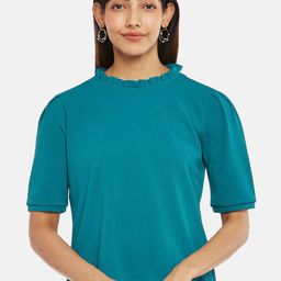 Annabelle by Pantaloons Turquoise Blue Solid Ruffles Neck Top-picture-11