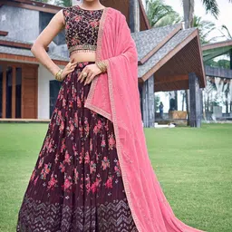 CHANSI Brown Embroidered Mukaish Ready to Wear Lehenga & Blouse With Dupatta-image-81