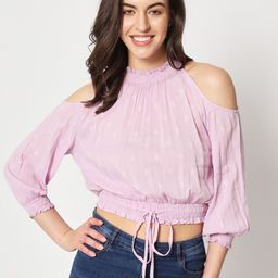 Zastraa Cold-Shoulder Cotton Cinched Waist Crop Top-image-91