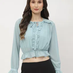 Madame Tie-Up Neck Puff Sleeve Cinched Waist Crop Top-image-57