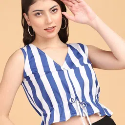 Popwings Vertical Striped V-Neck Cinched Waist Crop Top-image-11