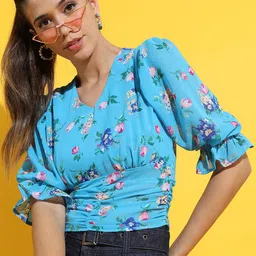 Tokyo Talkies Blue Floral Print Cinched Waist Crop Top-image-75