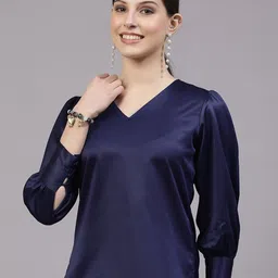 Style Quotient V-Neck Cuffed Sleeves Satin Top-image-88