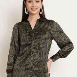 IX IMPRESSION Women Black & Olive Green Animal Print Long Sleeves Satin Shirt Style Top-image-8